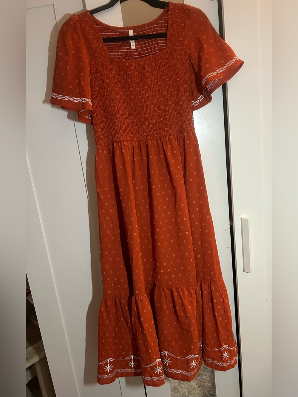 Rust Orange Smocked Maxi Dress with Flutter Sleeves